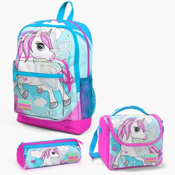 Coral High Kids Mavi Neon Pembe Unicorn Desenli 3’lü Okul Çanta Seti SET0123711