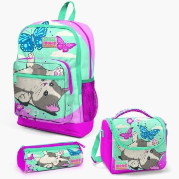 Coral High Kids Su Yeşili Pembe Kedi Desenli 3’lü Okul Çanta Seti SET0123707