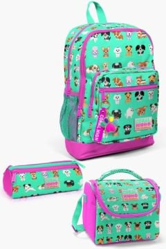 Coral High Kids Su Yeşili Neon Pembe Köpek Desenli 3’lü Okul Çanta Seti SET0123465