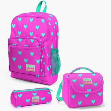 Coral High Kids Neon Pembe Su Yeşili Kalp Desenli 3’lü Okul Çanta Seti SET0123113