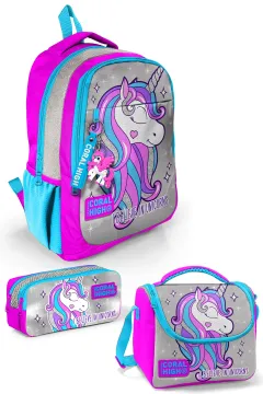 Coral High Kids Pembe Gümüş Simli Unicorn Desenli 3’lü Okul Çanta Seti SET14383