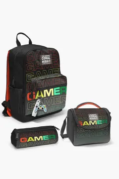 Coral High Kids Siyah Gri Gamer Desenli 3’lü Okul Çanta Seti SET0123640