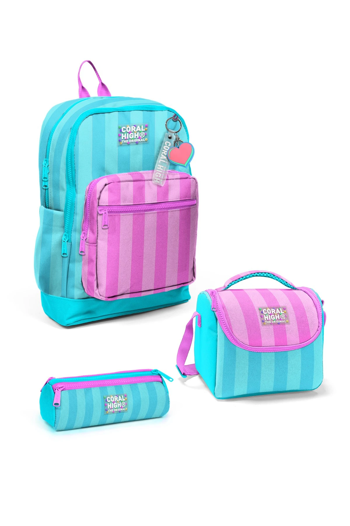 Coral High Kids Turkuaz Pembe Çizgili 3’lü Okul Çanta Seti SET0123771