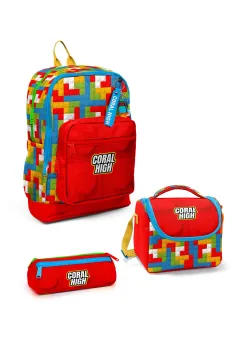 Coral High Kids Renkli Blok Desenli 3’lü Okul Çanta Seti SET0123775