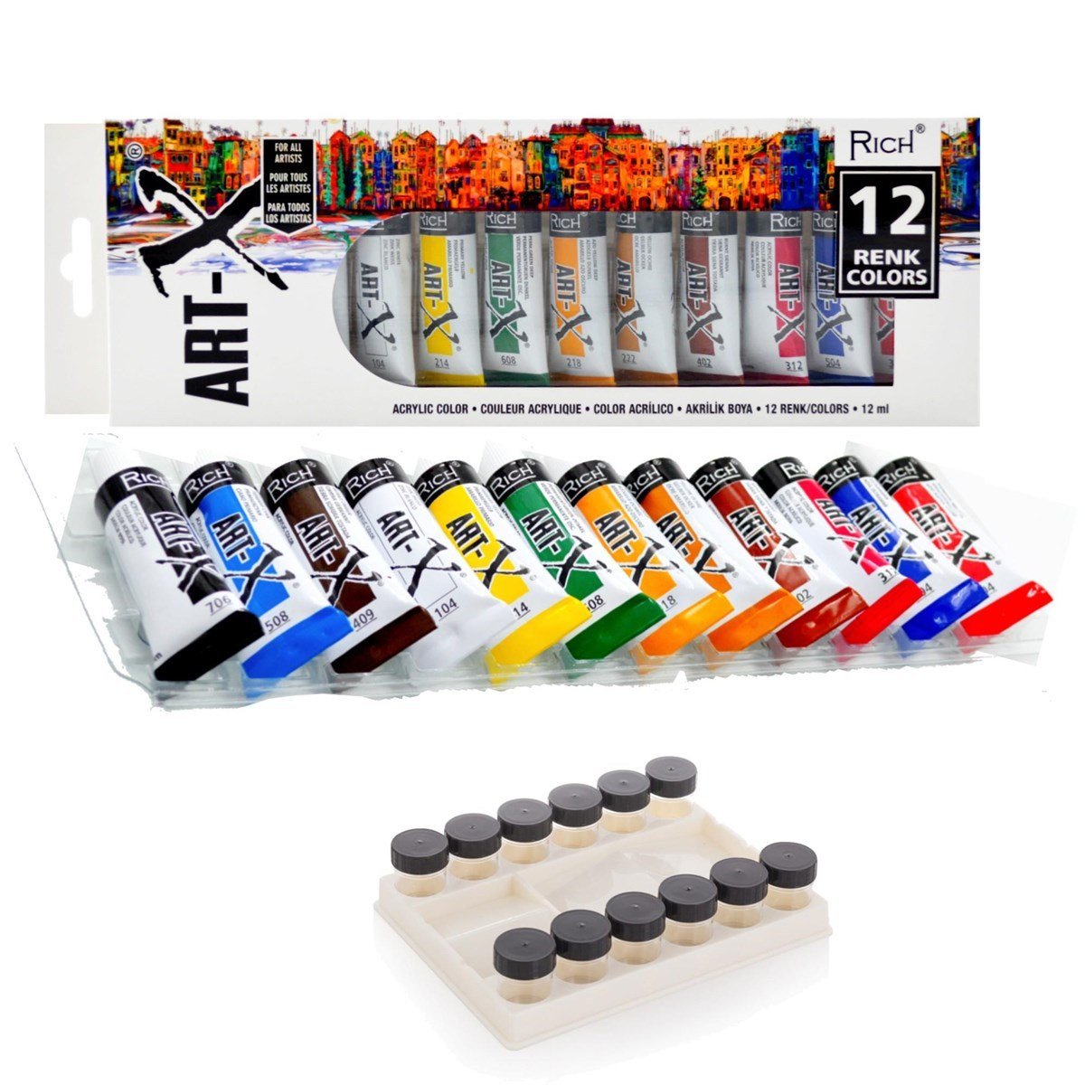 Art-x 12 Ml 12 Renk Tüp Akrilik Boya + 12li Şişeli Palet