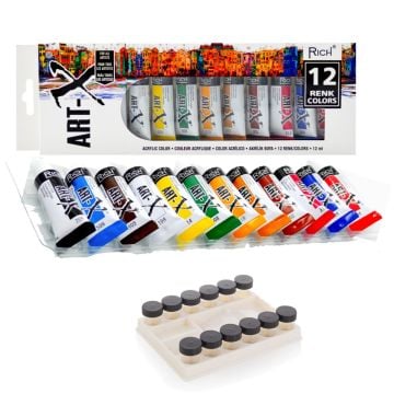 Art-x 12 Ml 12 Renk Tüp Akrilik Boya + 12li Şişeli Palet
