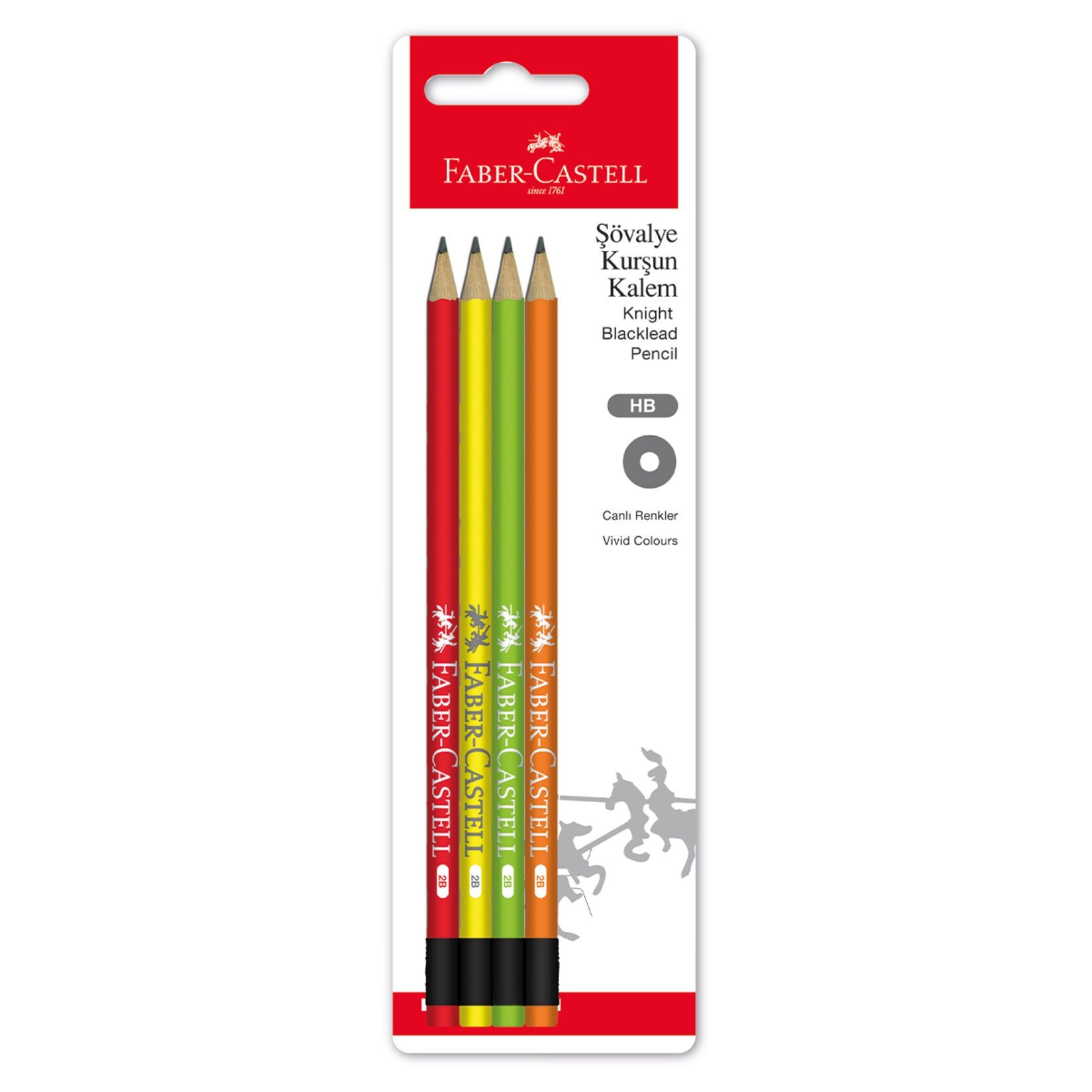 FABER CASTELL ŞÖVALYE SİLGİLİ KURŞUN KALEM CANLI HB 4'lü
