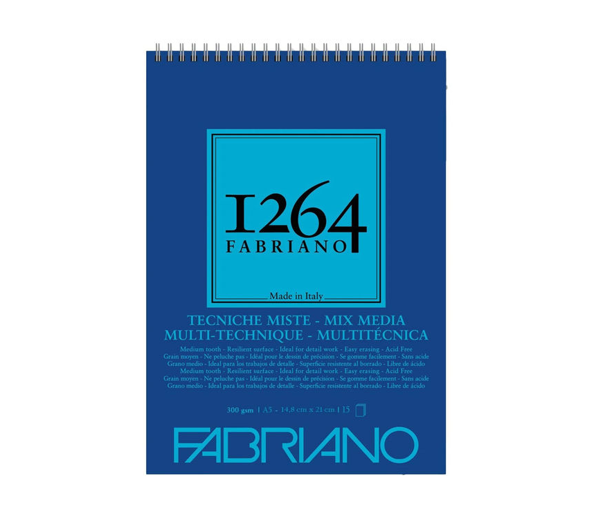 Fabriano 1264 Mix Media Çok Amaçlı Defter 300 gr A5 15 yp Üstten Spiralli